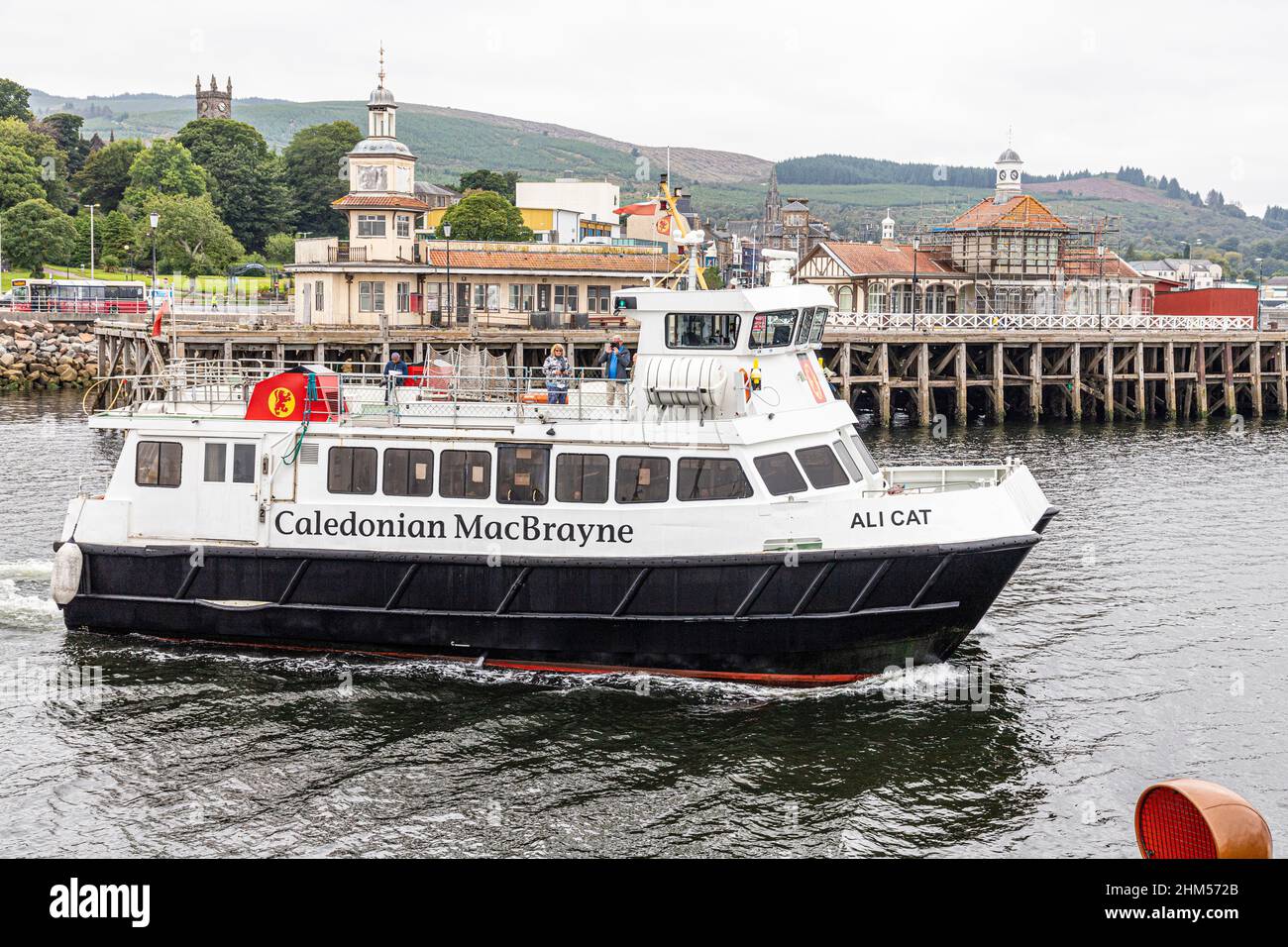 The Caledonian MacBrayne ferry Ali Cat passing the Victorian Pier at the start of its journey to Gourock from Dunoon, Argyll & Bute, Scotland UK Stock Photo