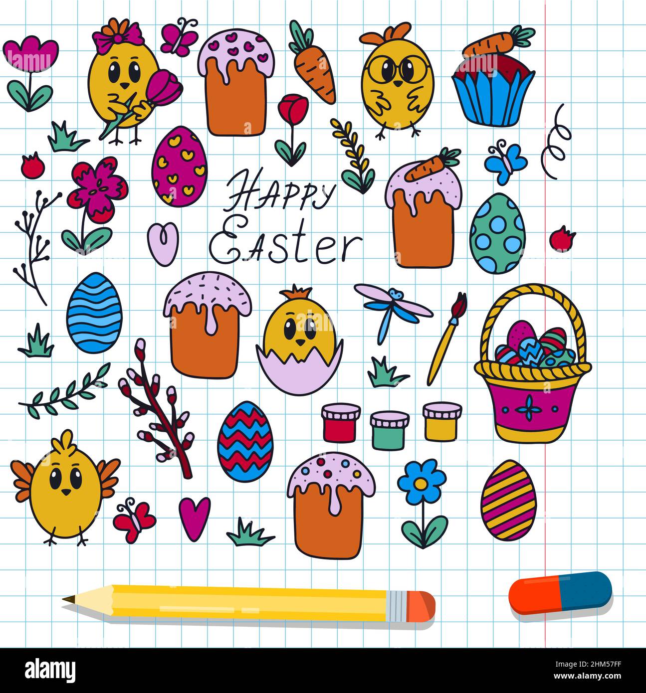 Easter traditional doodle collection eggs, chickens, basket