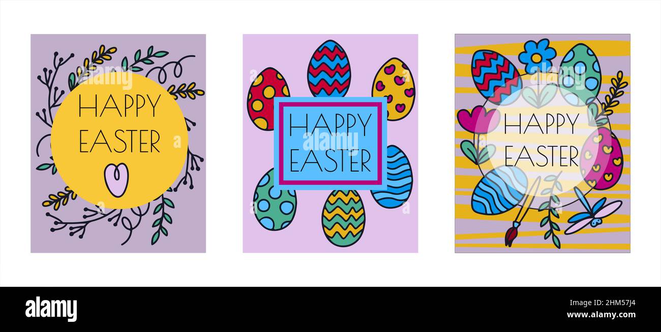 Easter traditional doodle banners eggs, chickens, basket, Christian