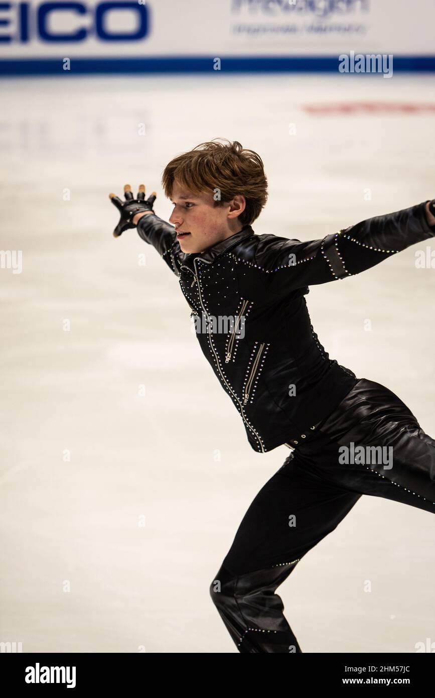 Ilia Malinin does his free skate at the U.S. National Figure Skating Championships. He took silver and was named first alternate for the Olympic team Stock Photo