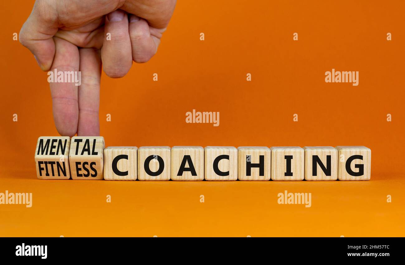 Mental or fitness coaching symbol. Coach turns cubes and changes words