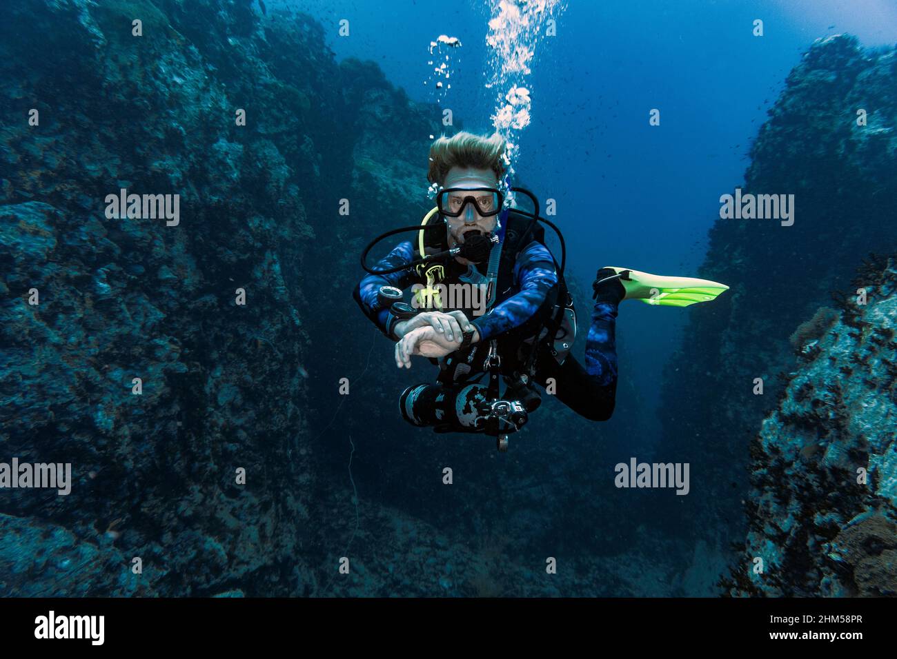 man with pony bottle performing a deep dive in Koh Tao Stock Photo Alamy