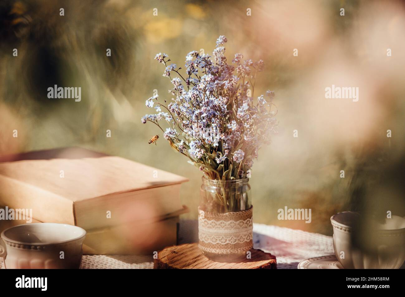 Dream like view through apple blossoms to table, set with tea cups and books. Bouquet of wildflowers Myosotis arvensis forget me nots in handmade jar. Stock Photo