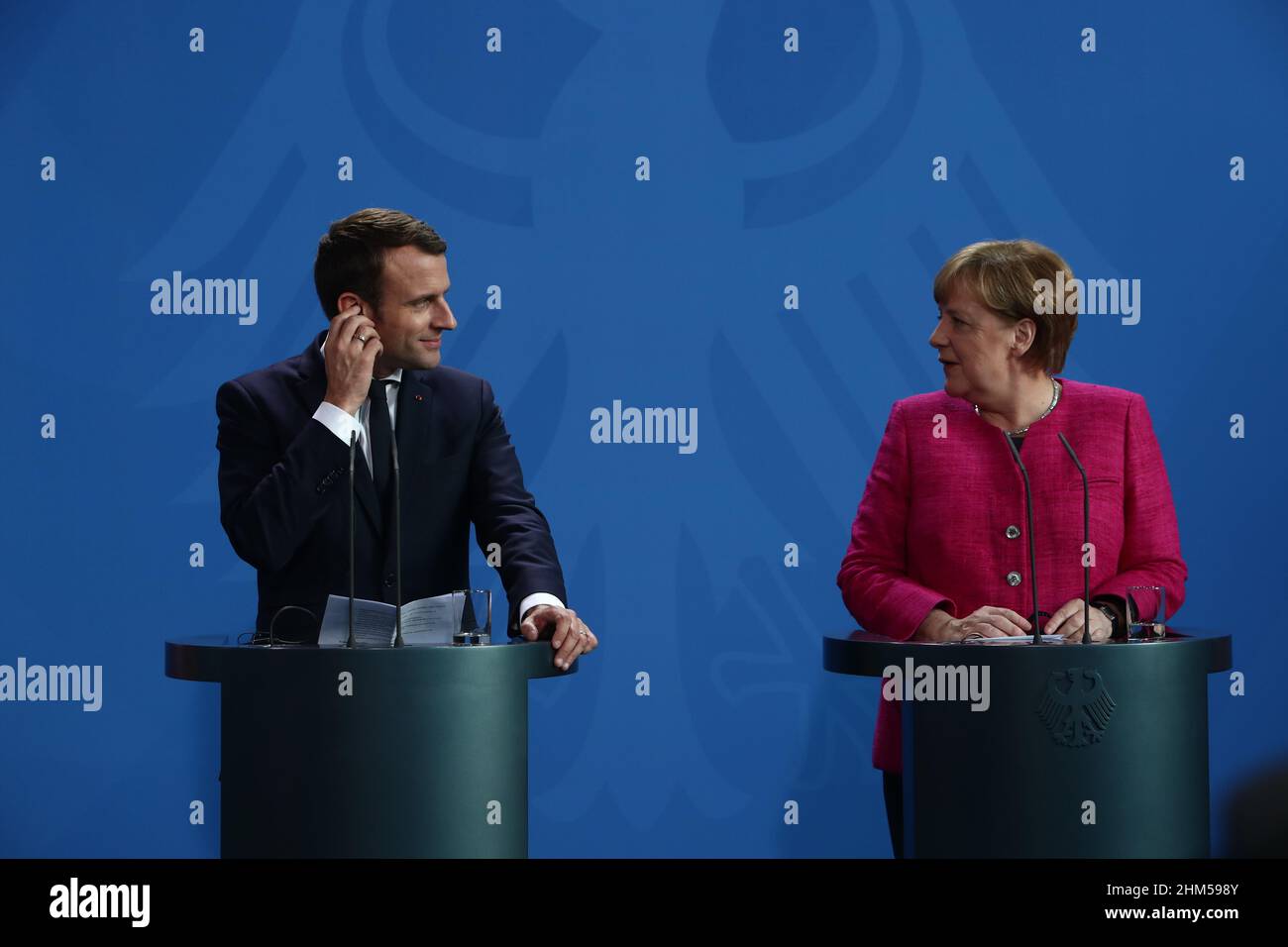 Berlin, Germany, 15.5.17, French President Emmanuel Macron and German Chancellor Angela Merkel attend State visit of French President Emmanuel Macron Stock Photo