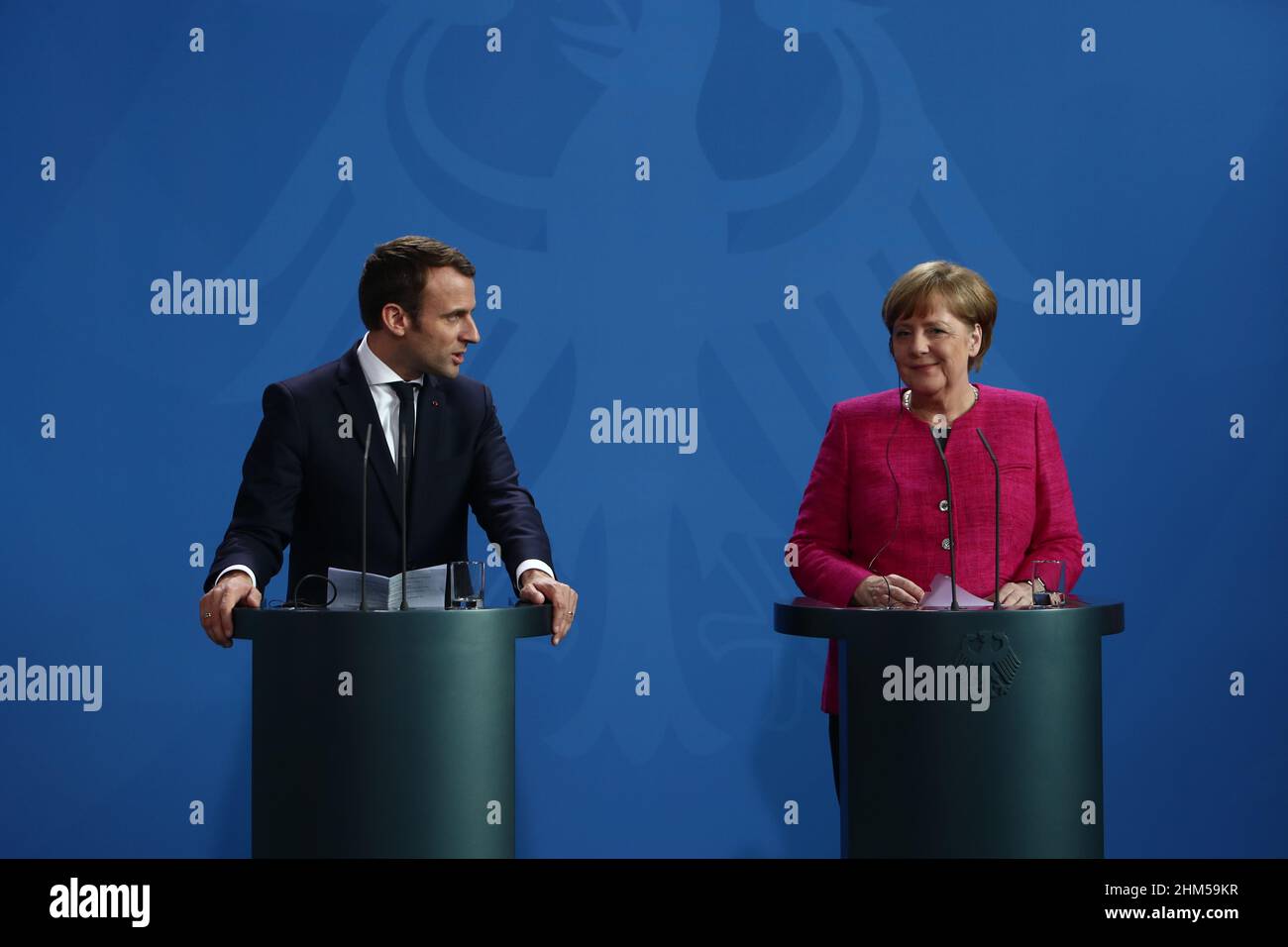 Berlin, Germany, 15.5.17, French President Emmanuel Macron and German Chancellor Angela Merkel attend State visit of French President Emmanuel Macron Stock Photo