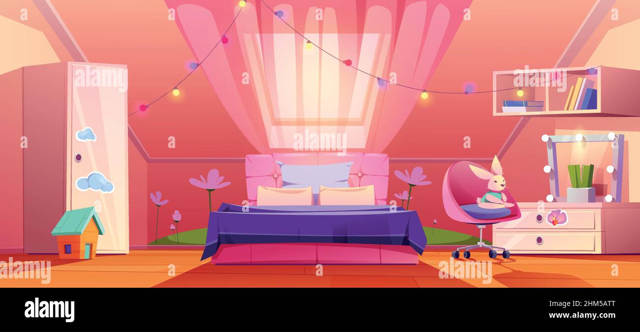 Girl bedroom interior on attic, cute mansard room in pink colors with ...