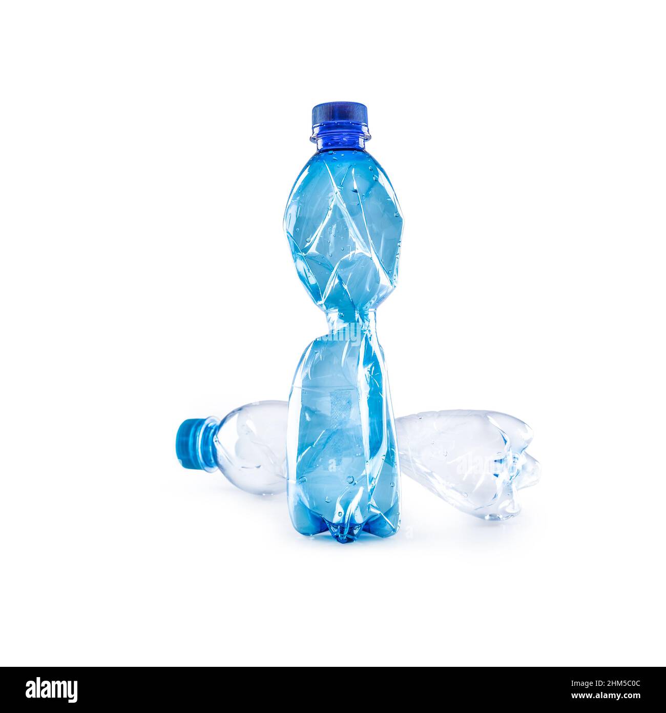 Plastic pet bottles used on a white background. Stock Photo