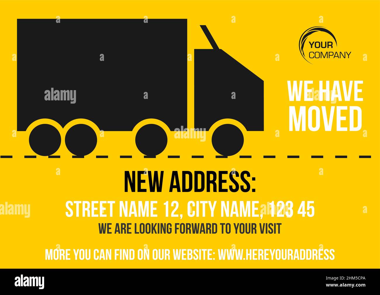 Warning vector sign we have moved to new address. Black and white text