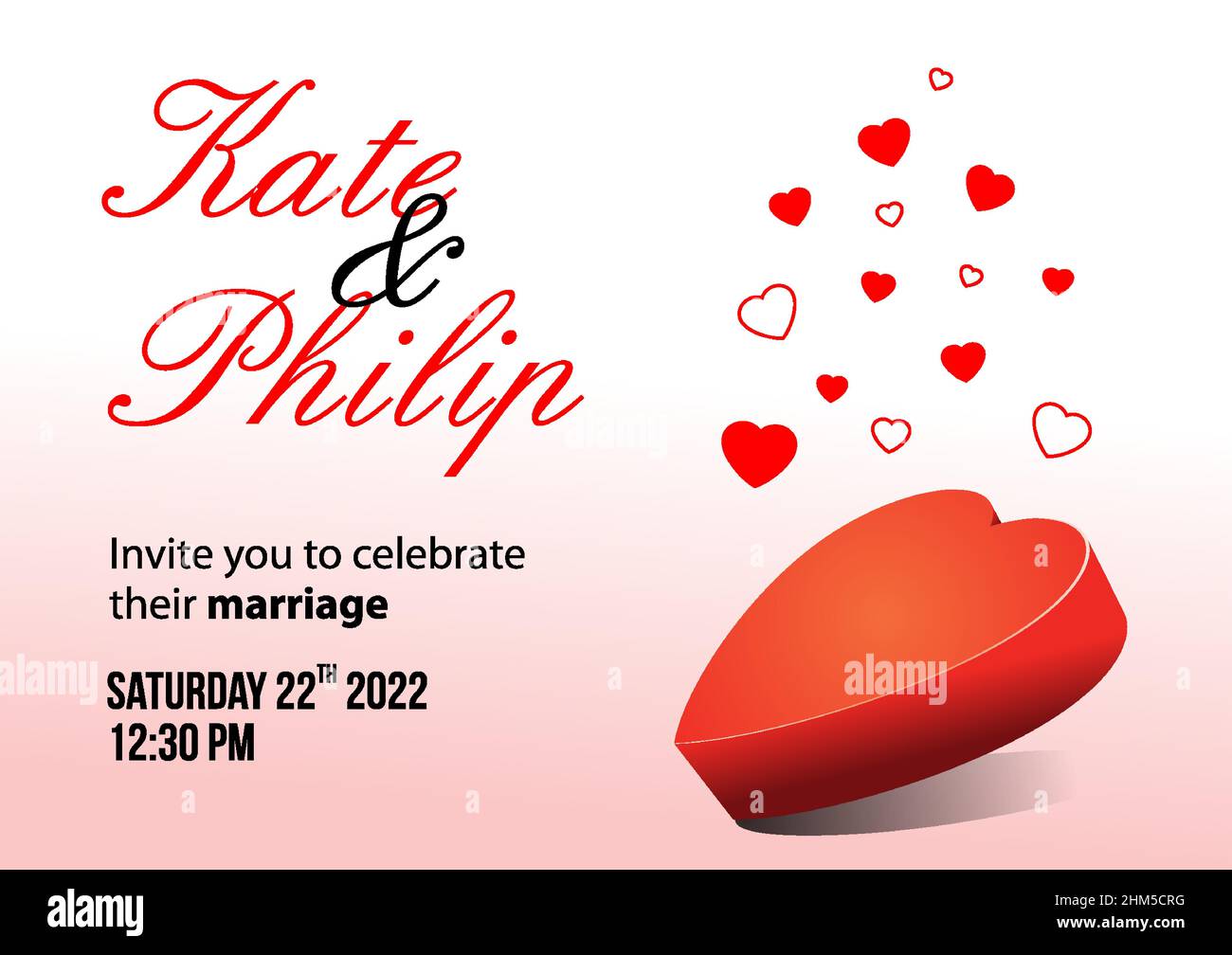 Vector wedding invitation card with 3d heart shape on red gradient ...