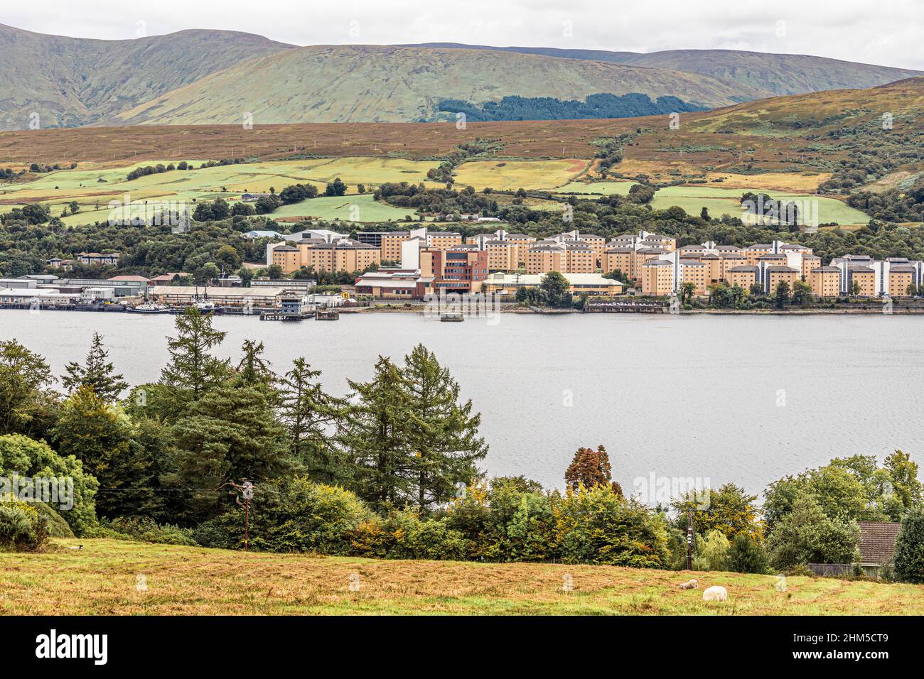 The accommodation buildings for HMNB Clyde nuclear submarine base beside Gare Loch at Faslane, Argyll & Bute, Scotland UK Stock Photo