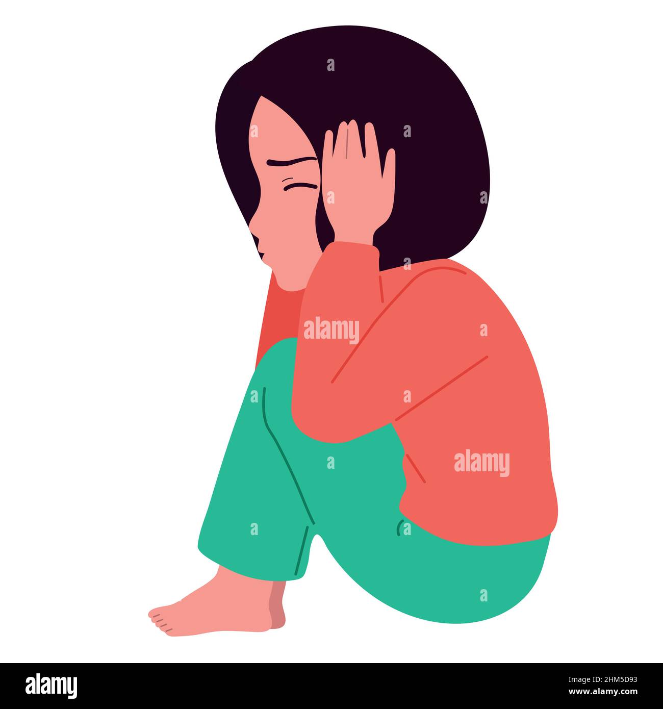 Scared, depressed, sad girl looks lonely.Vector illustration of helpless, frightened child.Worry Stock Vector