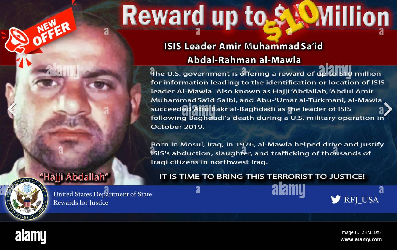 ABU IBRAHIM al-HASHIMI al-QURASHI  (1976-2022) Islamic terrorist and ISIS leader. US Wanted poster. Stock Photo