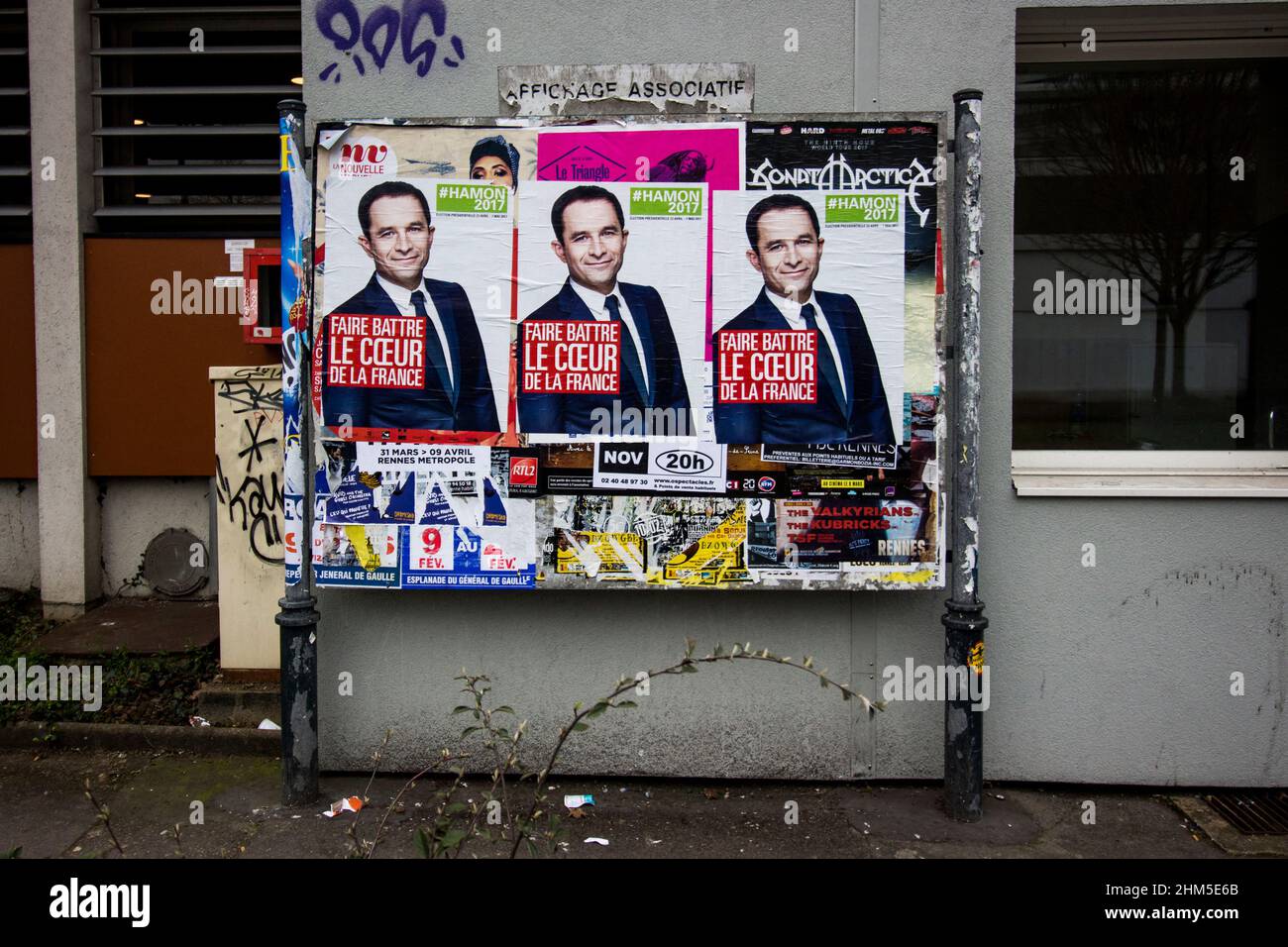 Posters of Benoît Hamon, a French politician known for his former role within the Socialist Party and Party of European Socialists and his political party Génération.s. Hamon joined the Socialist Party in 1988 and by 1993 became the leader of the Young Socialist Movement, serving until 1995. France. Stock Photo