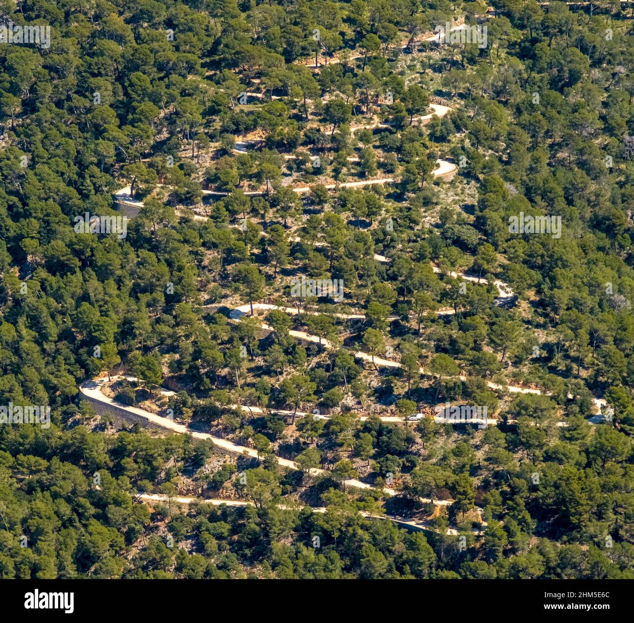 Aerial view, serpentine path near Buñola, Bunyola, Pla de na Tesa, Cabaneta (Sa), Mallorca, Balearic Island, Balearic Islands, Baleares, Spain, ESP, E Stock Photo
