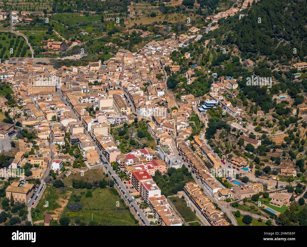 Aerial view, Buñola, Bunyola, city centre, Carrer de l'Església, Pla de na Tesa, Cabaneta (Sa), Mallorca, Balearic Island, Balearic Islands, Baleares, Stock Photo