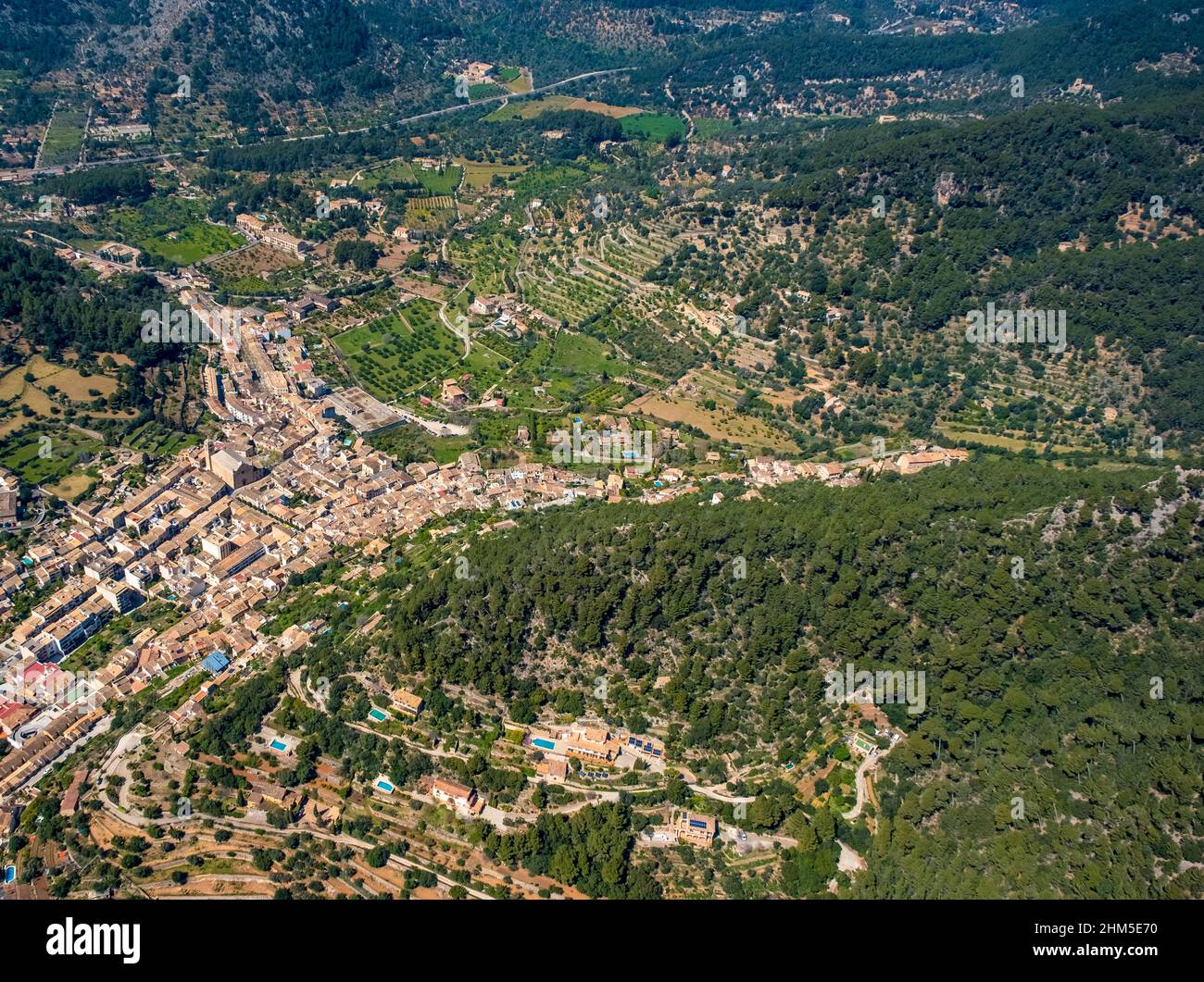 Aerial view, Buñola, Bunyola, city centre, Carrer de l'Església, Pla de na Tesa, Cabaneta (Sa), Mallorca, Balearic Island, Balearic Islands, Baleares, Stock Photo