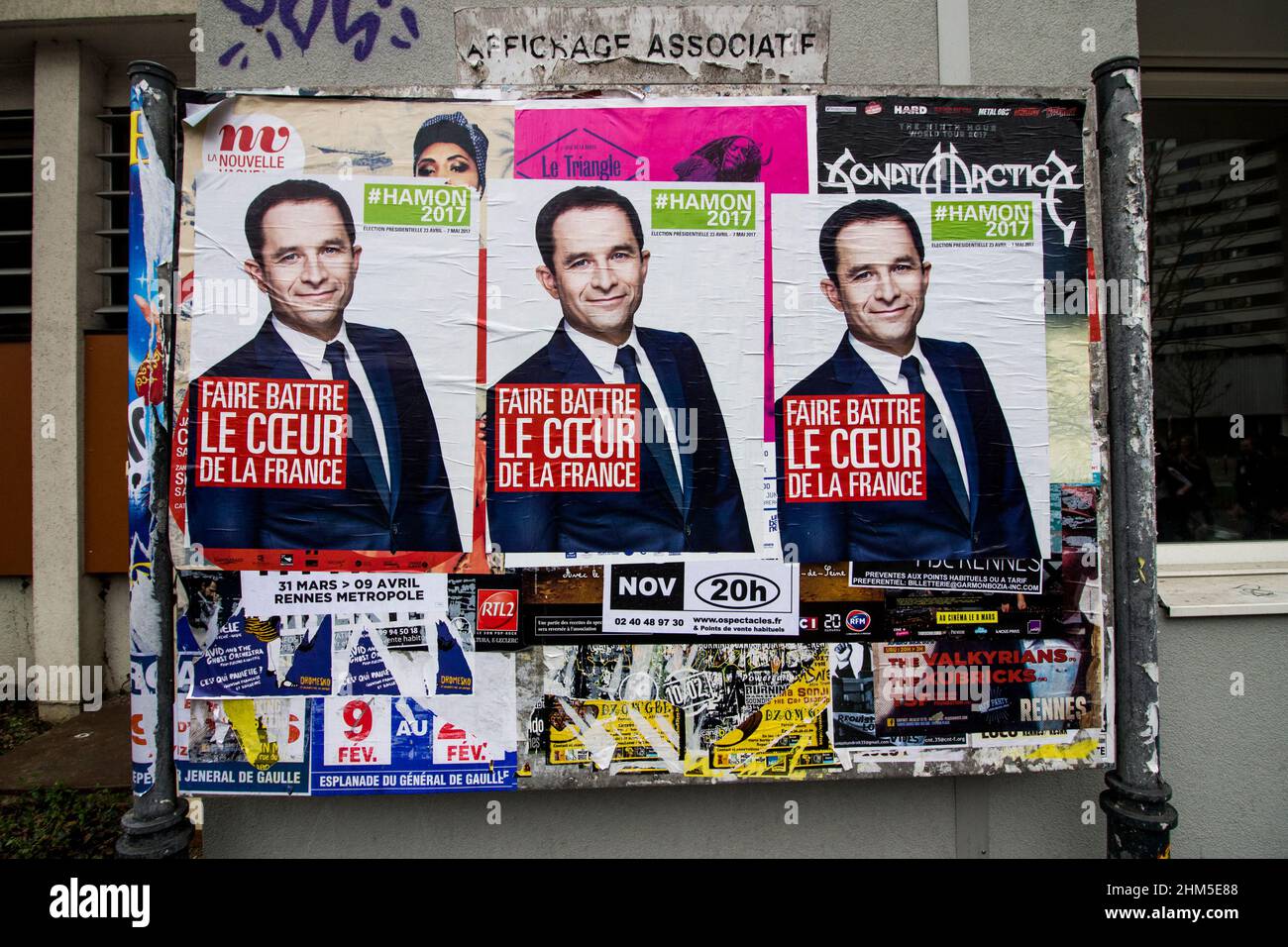 Posters of Benoît Hamon, a French politician known for his former role within the Socialist Party and Party of European Socialists and his political party Génération.s. Hamon joined the Socialist Party in 1988 and by 1993 became the leader of the Young Socialist Movement, serving until 1995. France. Stock Photo