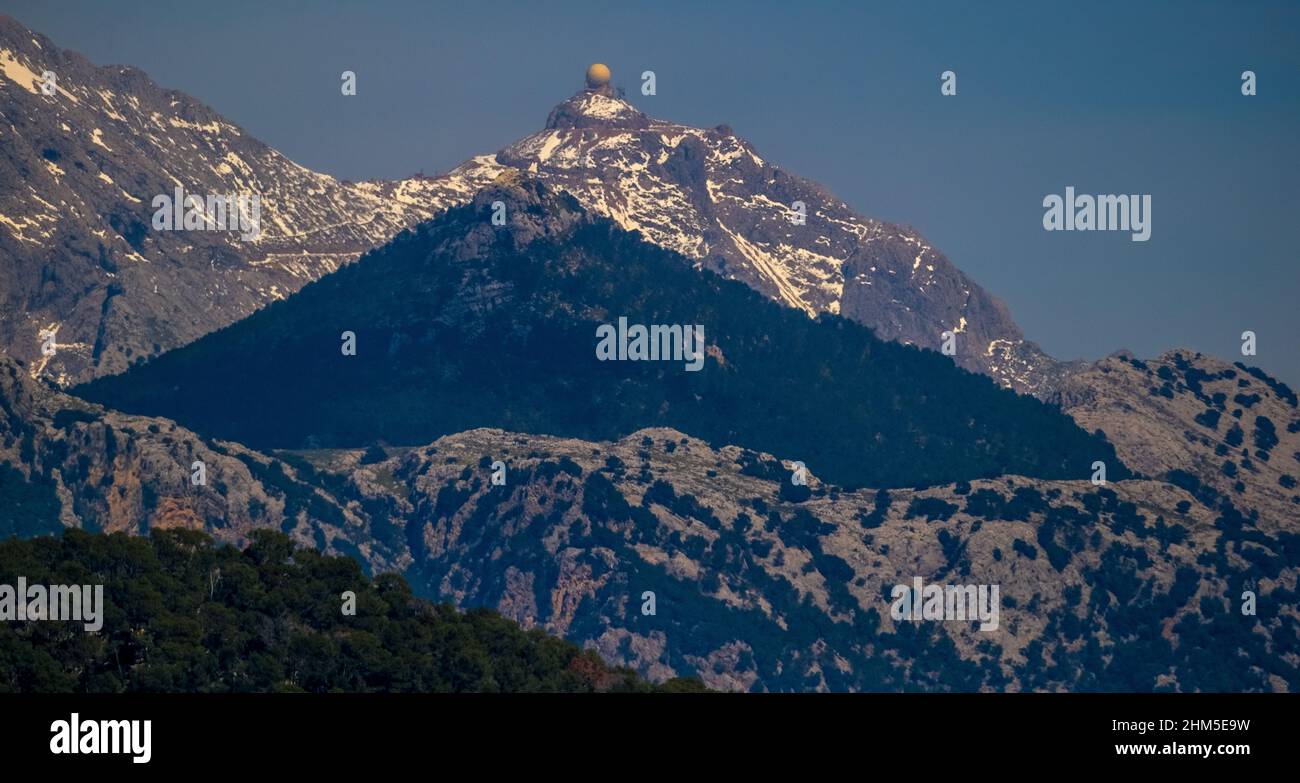 Aerial view, Puig Major, highest mountain on the island of Mallorca, radar beacon, restricted military area, snow on the Puig Major, La Indioteria, So Stock Photo