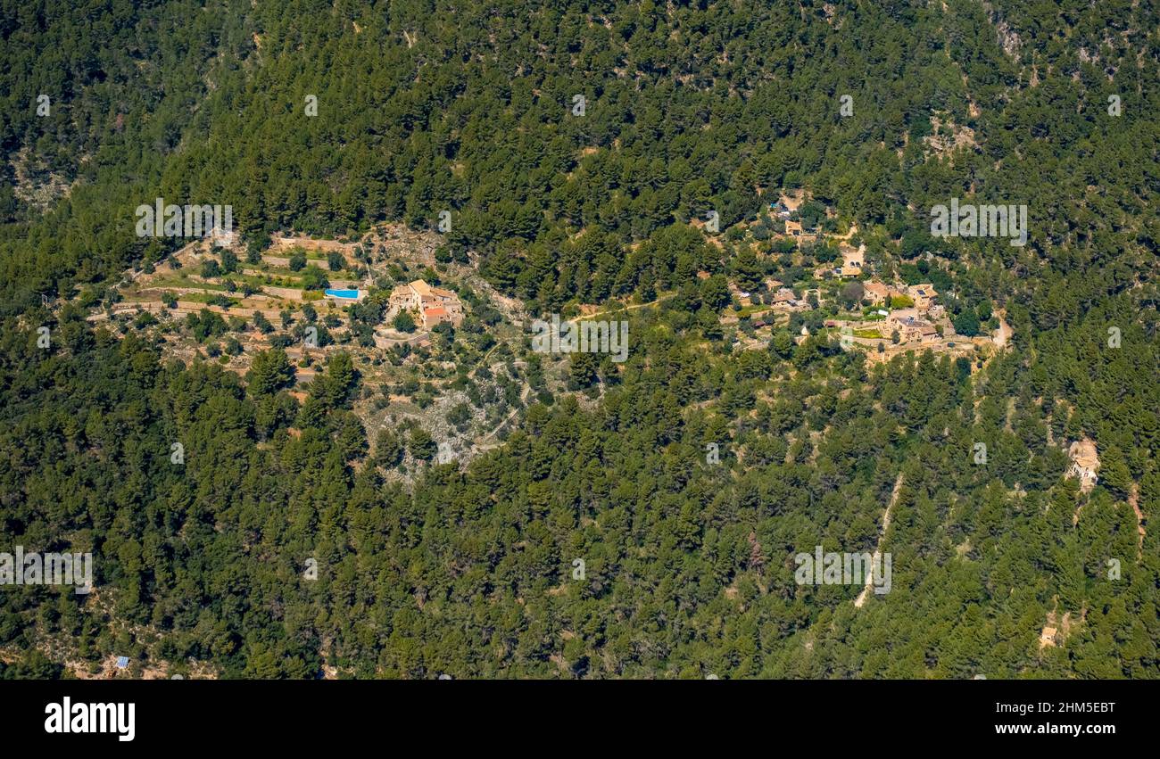 Aerial view, fincas on the Tramuntana mountain, Marratxí, Cabaneta (Sa), Mallorca, Balearic Island, Balearic Islands, Baleares, Spain, ESP, Europe, bi Stock Photo