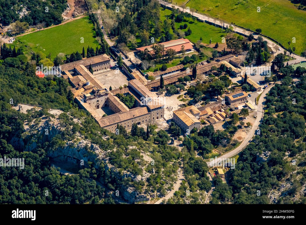Aerial view, Santuari de Lluc La Indioteria Monastery, S'Hostalot (Urbanitzacio), Mallorca, Balearic Island, Balearic Islands, Baleares, Spain, Cabane Stock Photo