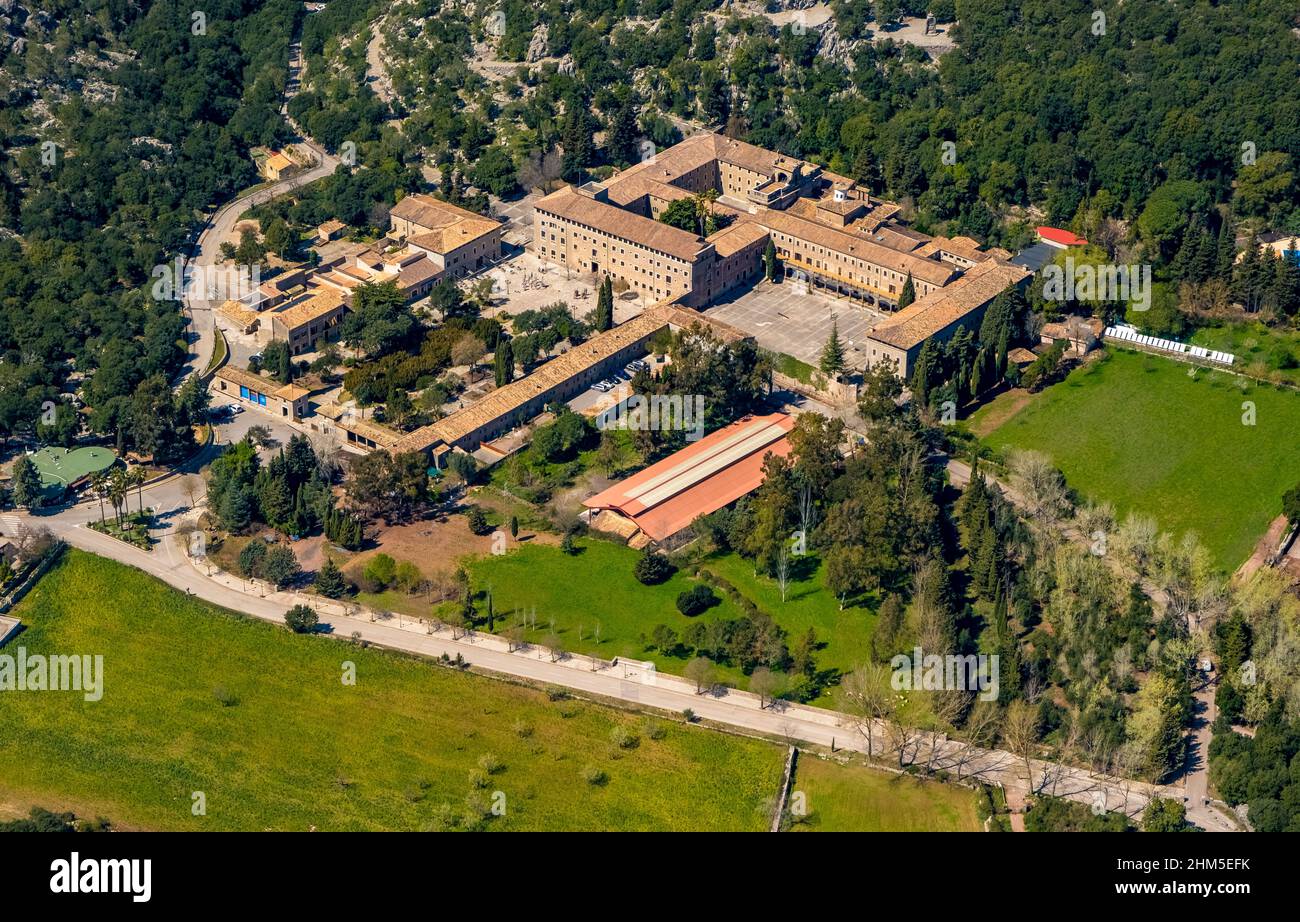 Aerial view, Santuari de Lluc La Indioteria Monastery, S'Hostalot (Urbanitzacio), Mallorca, Balearic Island, Balearic Islands, Baleares, Spain, Cabane Stock Photo