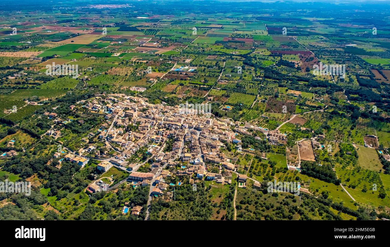 Aerial view, Búger, church eglesia Parroquia de Sant Pere, Illes Balears, Pla de na Tesa, Cabaneta (Sa), Mallorca, Balearic Island, Balearic Islands, Stock Photo