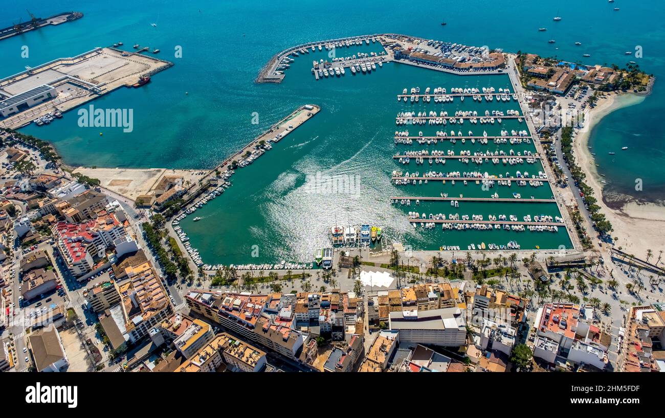 Aerial view, Alcudia harbour, marina, sailboats, Port d'Alcúdia, turquoise  water, Alcudia, Pla de na Tesa, Cabaneta (Sa), Mallorca, Balearic Island, B  Stock Photo - Alamy