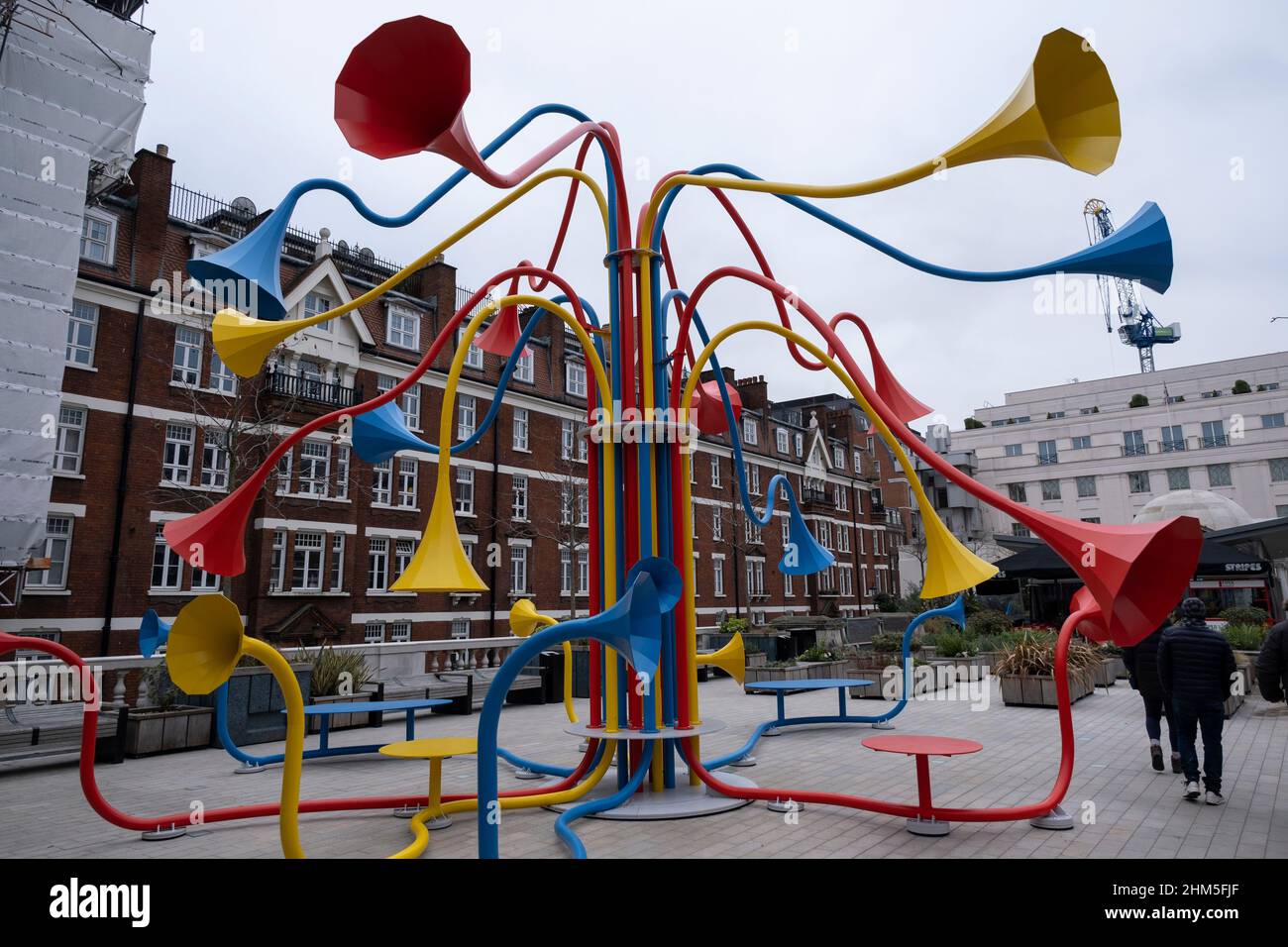 Interactive artwork Sonic Boom by Yuri Suzuki installed in public in central London on 21st January 2022 in London, United Kingdom. Yuri Suzuki is a Japanese artist, designer, and musician. Primarily known for the design of sound-based objects, Suzuki is a partner of the London office of Pentagram. Stock Photo