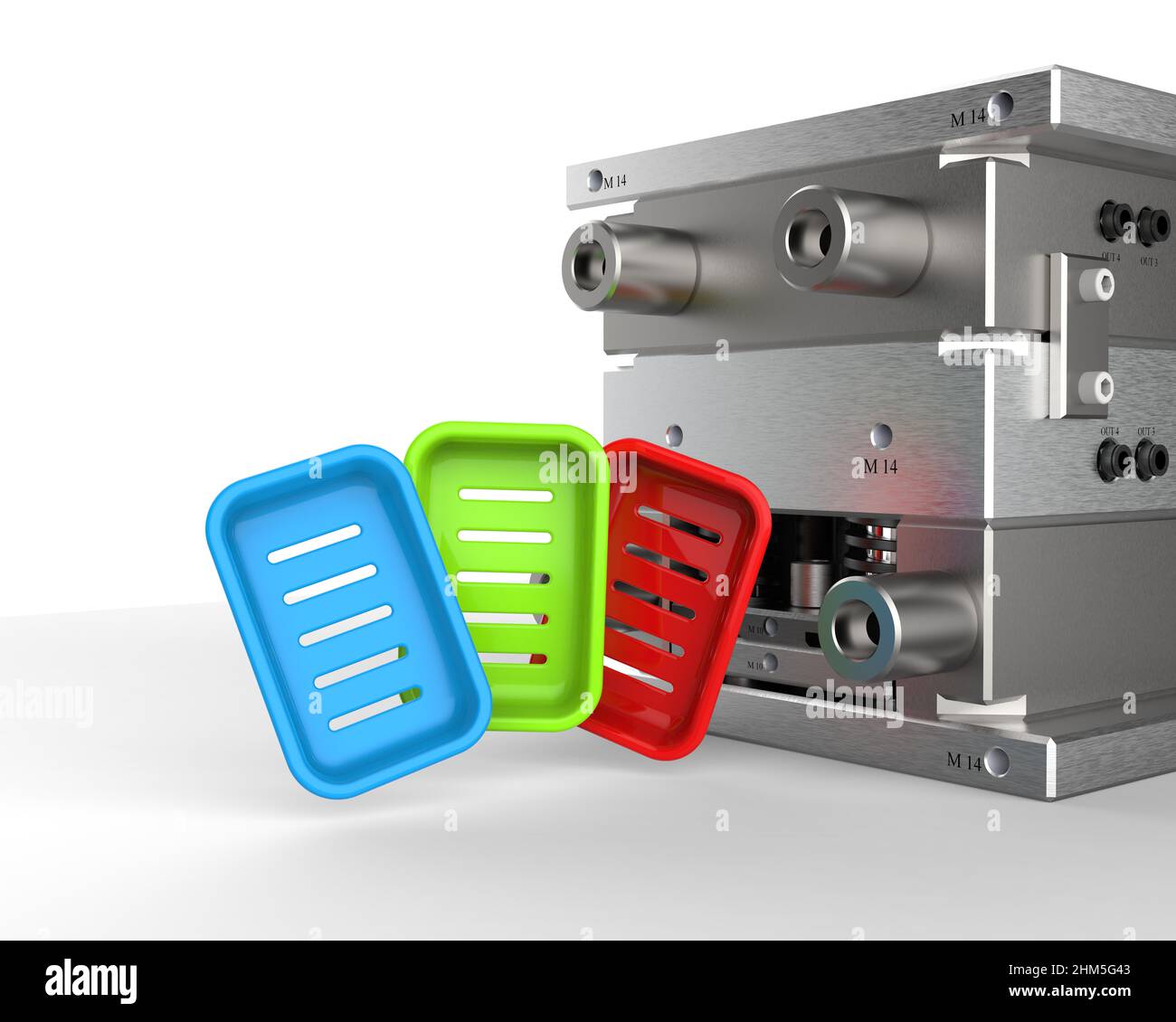 3D render of plastic moulding machine. Plastic injection moulding.Cups