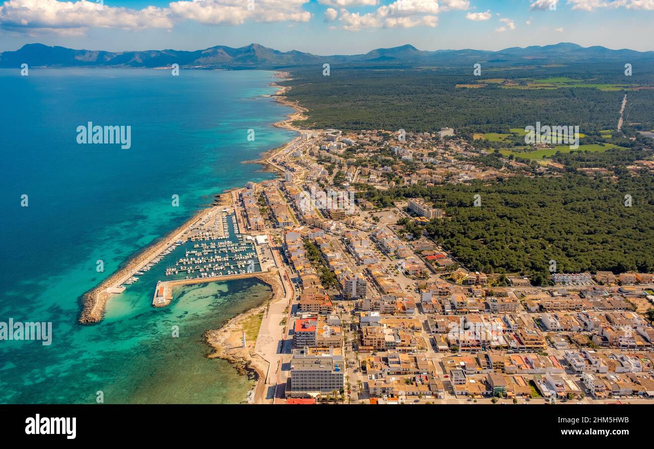 Aerial view, marina and sandy beach of Can Picafort, Illes Balears, Mallorca, Balearic Island, Balearic Islands, Baleares, Spain, Bunyola, ESP, Europe Stock Photo