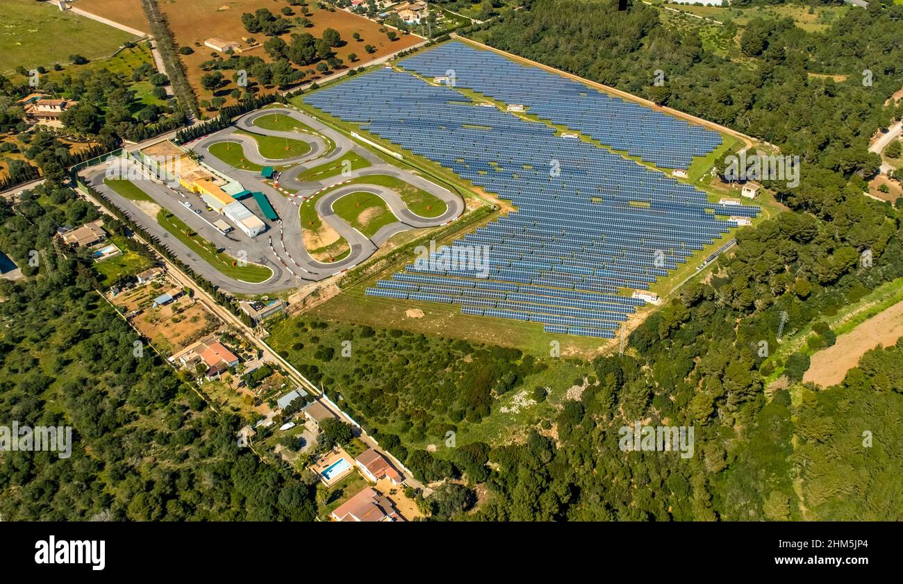 Aerial view, carting can picafort, solar plant, photovoltaic, Caimari, Mallorca, Balearic Island, Balearic Islands, Baleares, Spain, ESP, Europe, bird Stock Photo