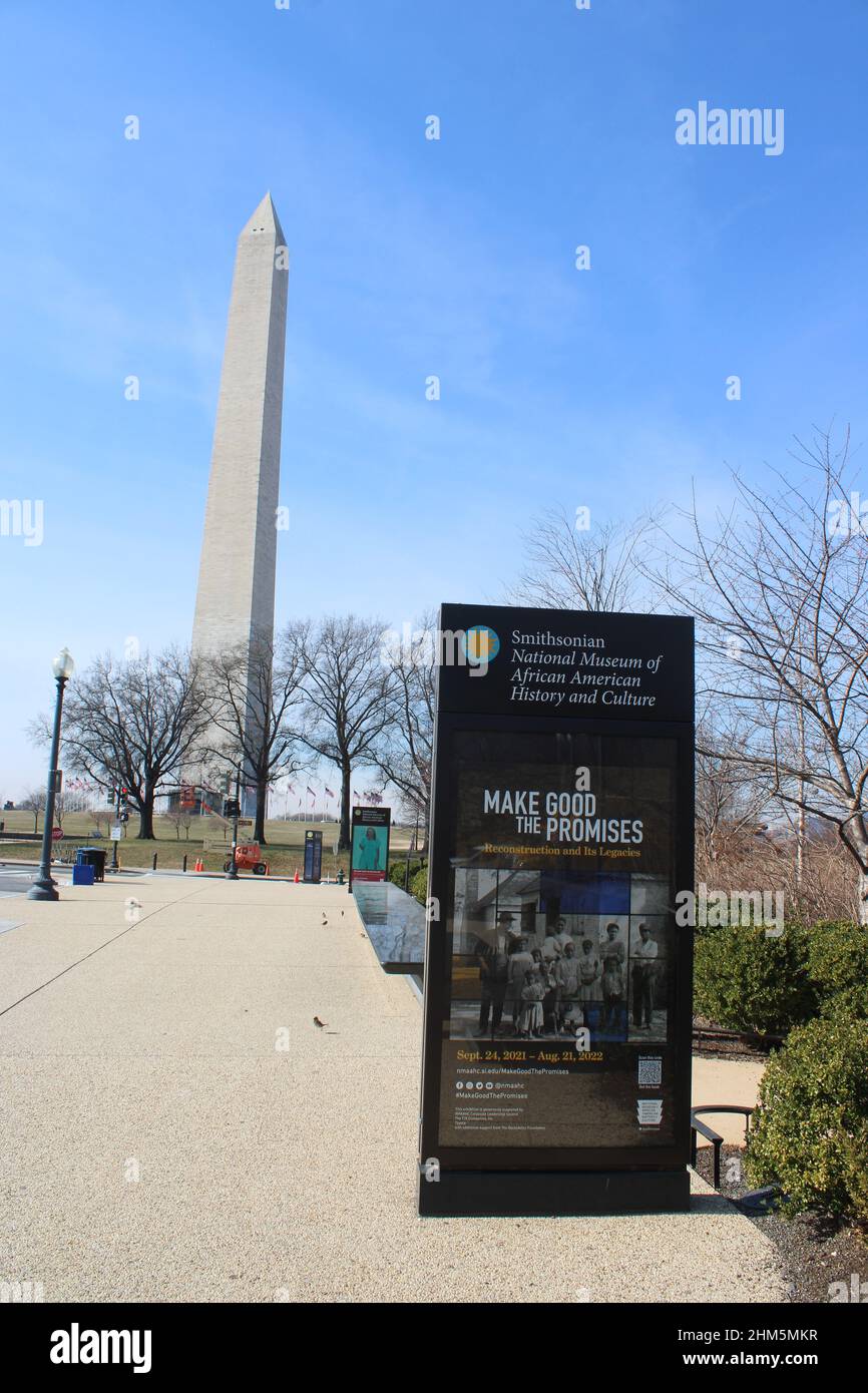 Washington Monument behind African-American history museum sign Stock Photo