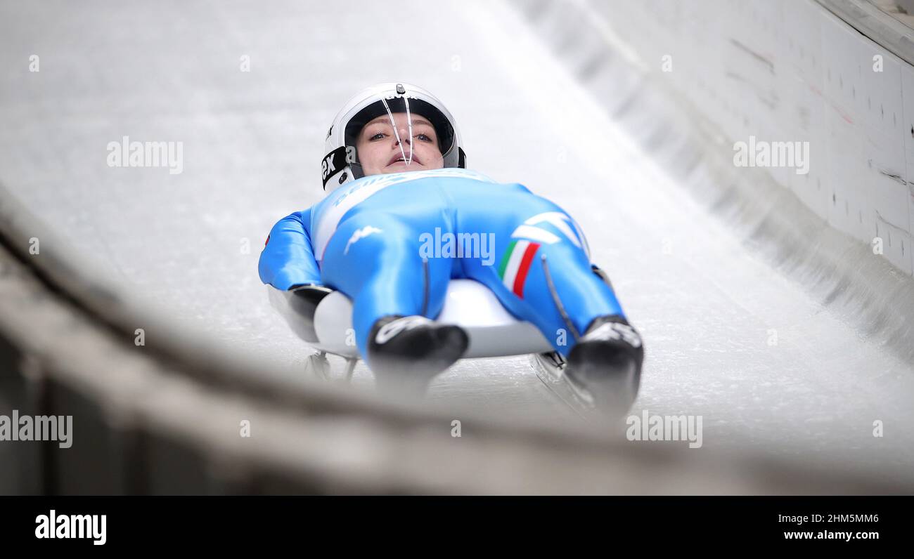 Beijing, China. 7th Feb, 2022. Verena Hofer of Italy competes during women's singles run of luge event at the Yanqing National Sliding Centre in Yanqing district of Beijing, capital of China, Feb. 7, 2022. Credit: Yao Jianfeng/Xinhua/Alamy Live News Stock Photo