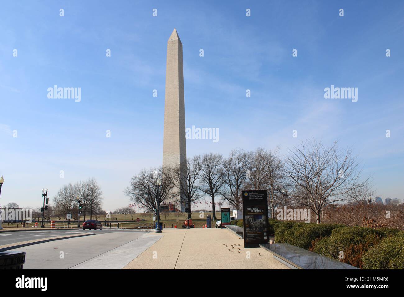 Washington Monument behind African-American history museum sign Stock Photo