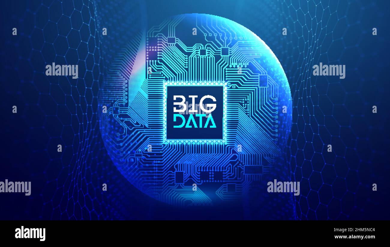 Electronic circuit board in sphere shield. Big Data and Data Science Blue technology network vector illustration with hexagonal wave background. Stock Vector