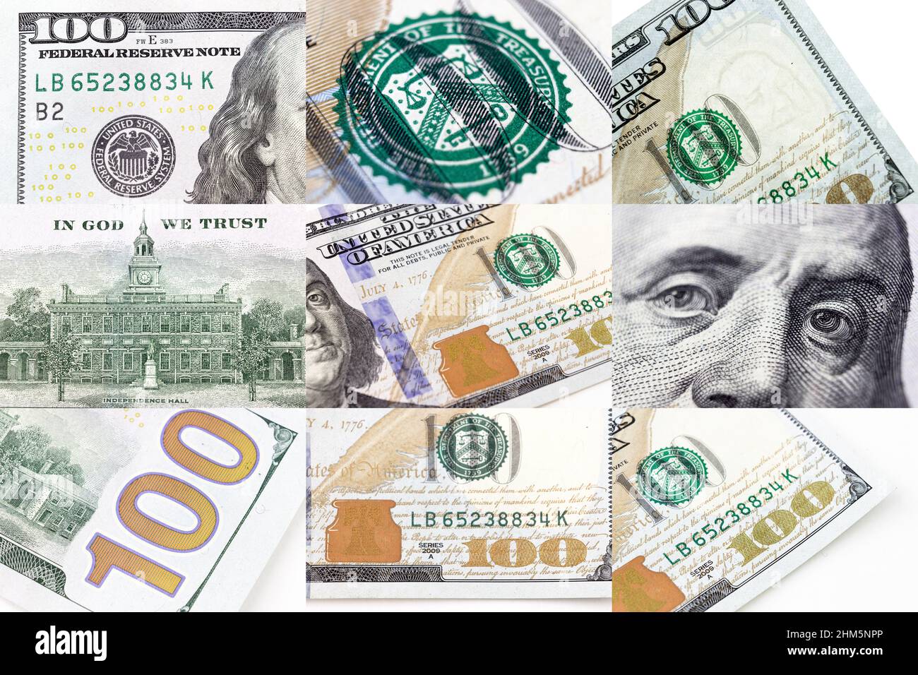United states hundred dollars money bill fragment collage. Dolar USA close up. 100. New sample money Stock Photo