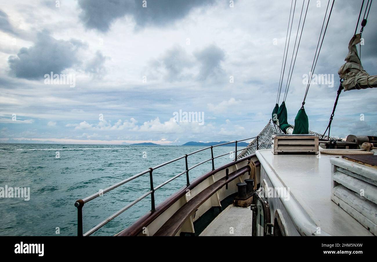 View along port side of a tall ship in Whitsunday Islands, Australia ...