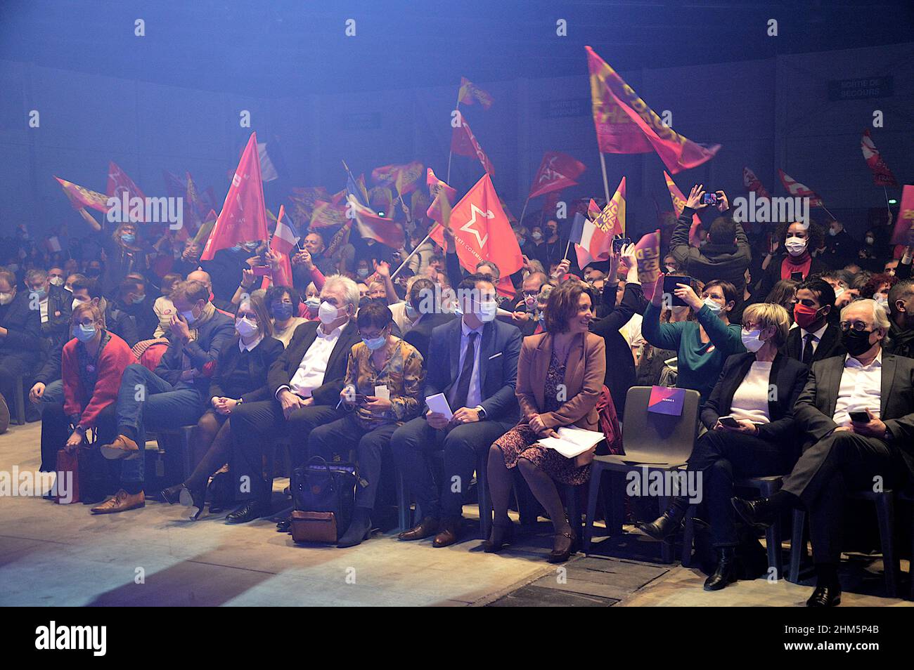 Marseille, France. 06th Feb, 2022. French Communist Party (PCF) supporters wave flags during the speech of the party's presidential candidate Fabien Roussel in Marseille.Fabien Roussel, candidate of the French Communist Party (PCF), chose Marseille for his first campaign rally in the French presidential election. (Photo by Gerard Bottino/SOPA Images/Sipa USA) Credit: Sipa USA/Alamy Live News Stock Photo