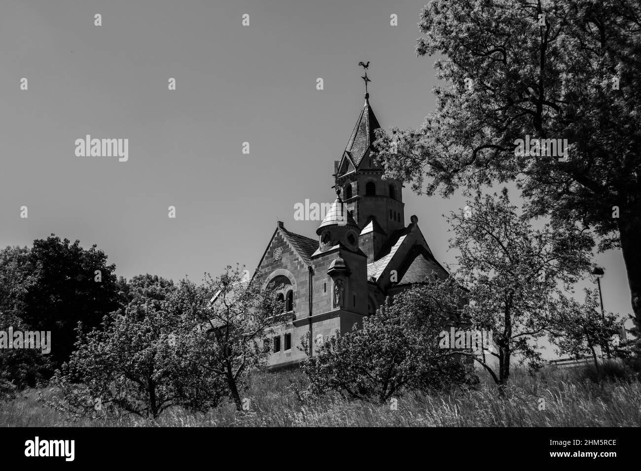 Black and white photo of the Church of the Redeemer in Mirbach Stock Photo