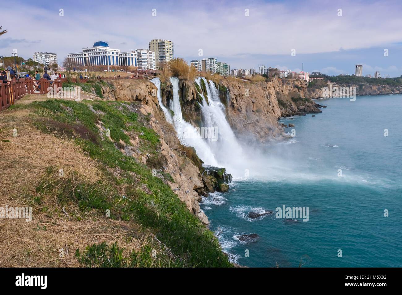 Panoramic View from Karpuzkaldiran, Duden waterfall in Antalya, Turkey, falling into the Mediterranean sea from Cliff Falezler. Stock Photo