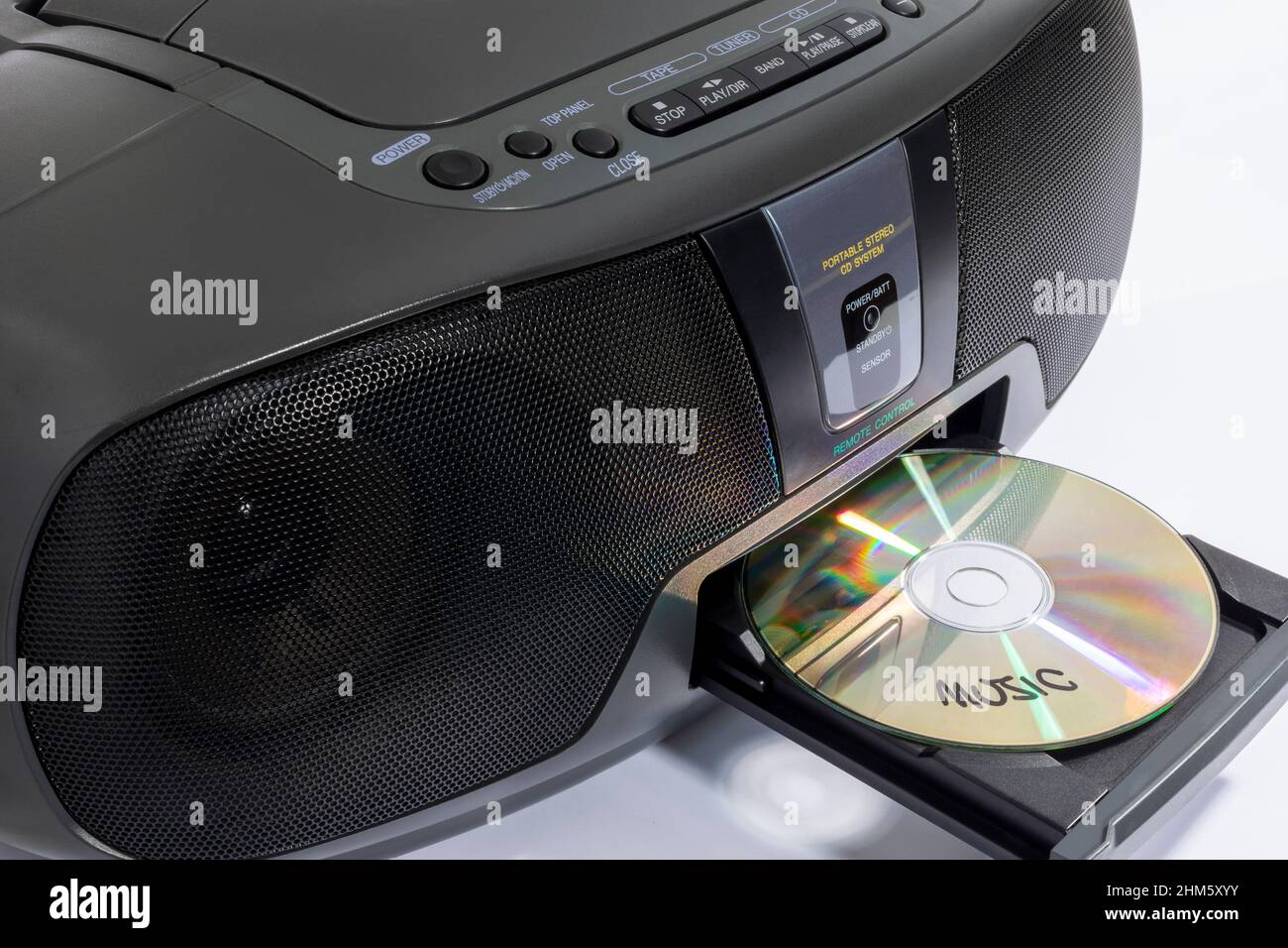 close up of 90s style ghetto blaster boombox with CD inserted Stock Photo