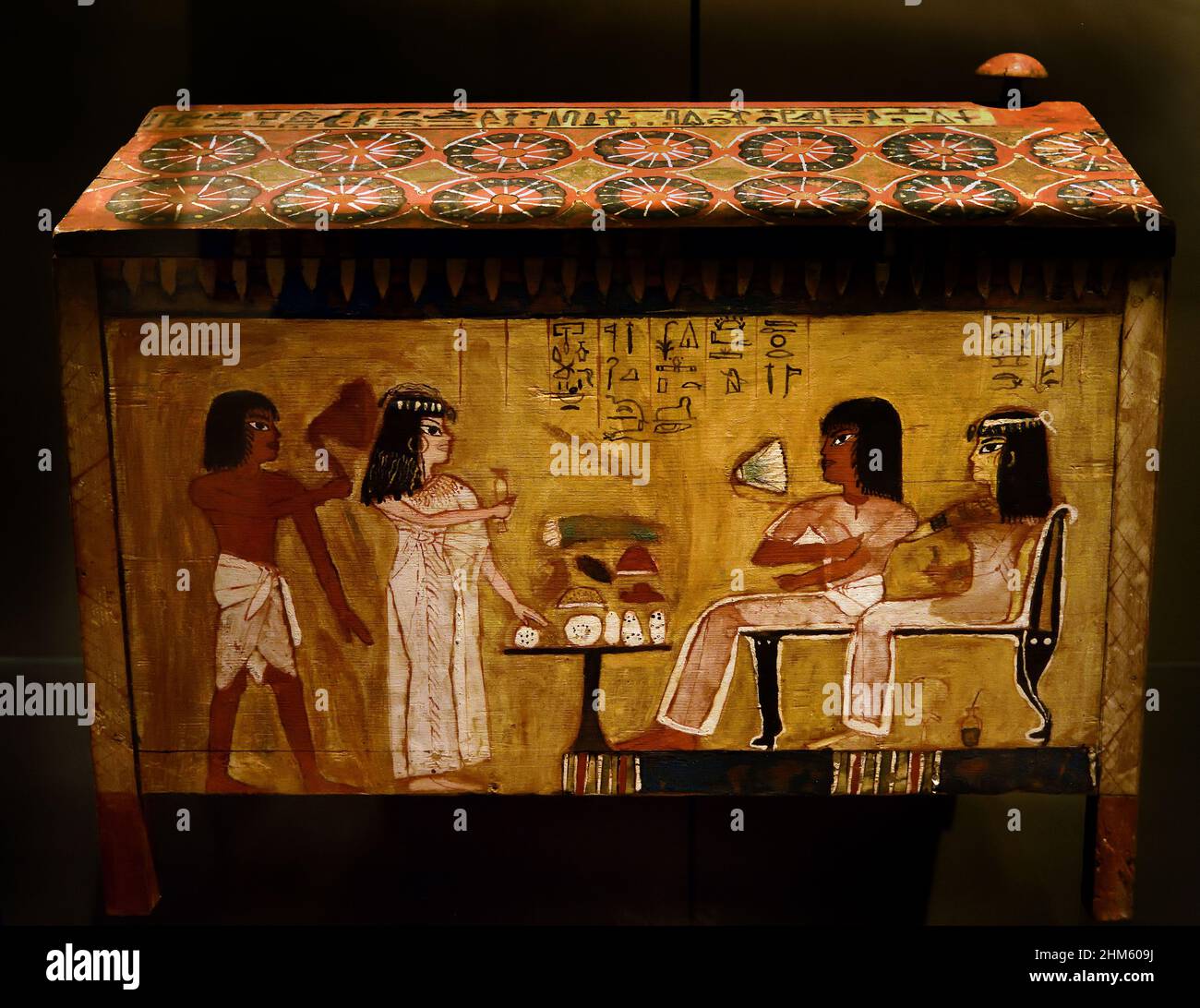 Box decorated with pictures of Kha and his wife receiving offerings from their son, Nakhttaneb,  Wood, vegetable fibers, paint, 34 x 44 x 30 cm, 1425–1353 BC, New Kingdom, Eighteenth Dynasty, Amenhotep II / Tuthmosis IV / Amenhotep III,  Deir el Medina / tomb of Kha , Egypt (Museo Egizio di Torino Italy) Stock Photo