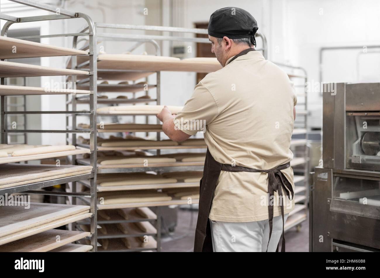 Baker placing tray with formed raw dough on rack trolley ready to bake in the oven. High quality