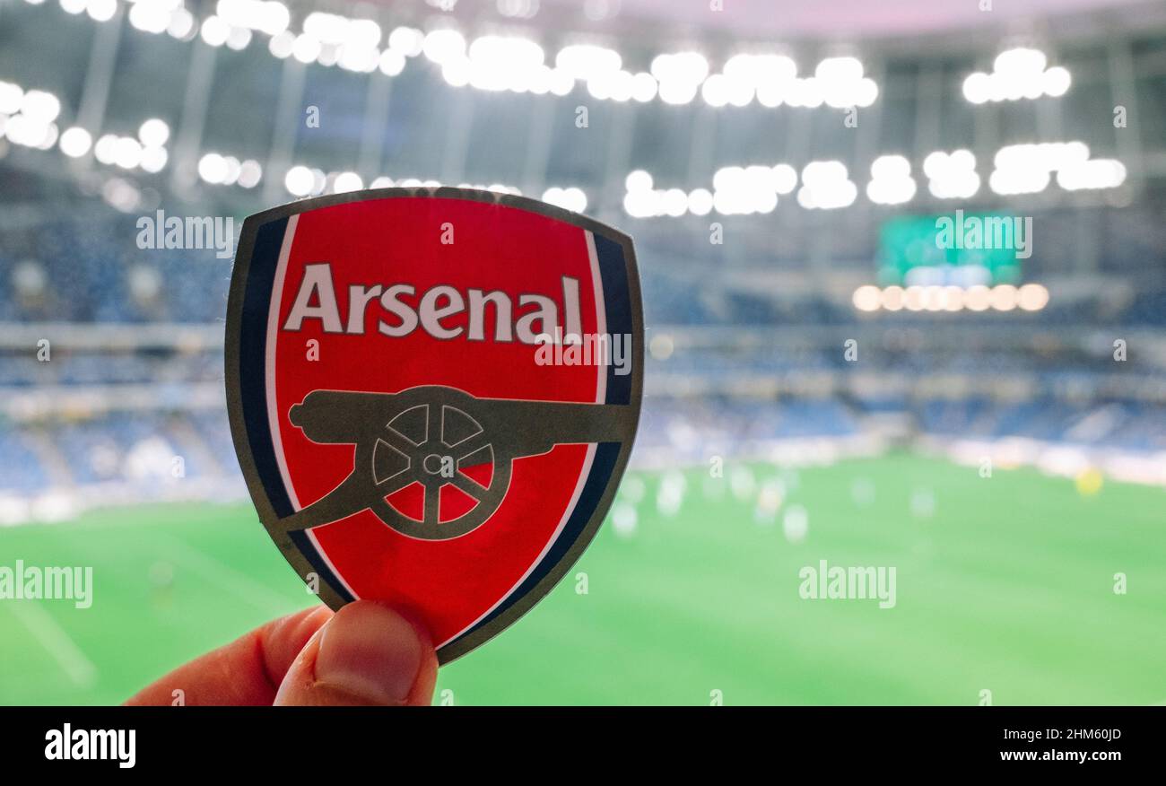 September 12 21 London Uk Arsenal F C Football Club Emblem Against The Backdrop Of A Modern Stadium Stock Photo Alamy