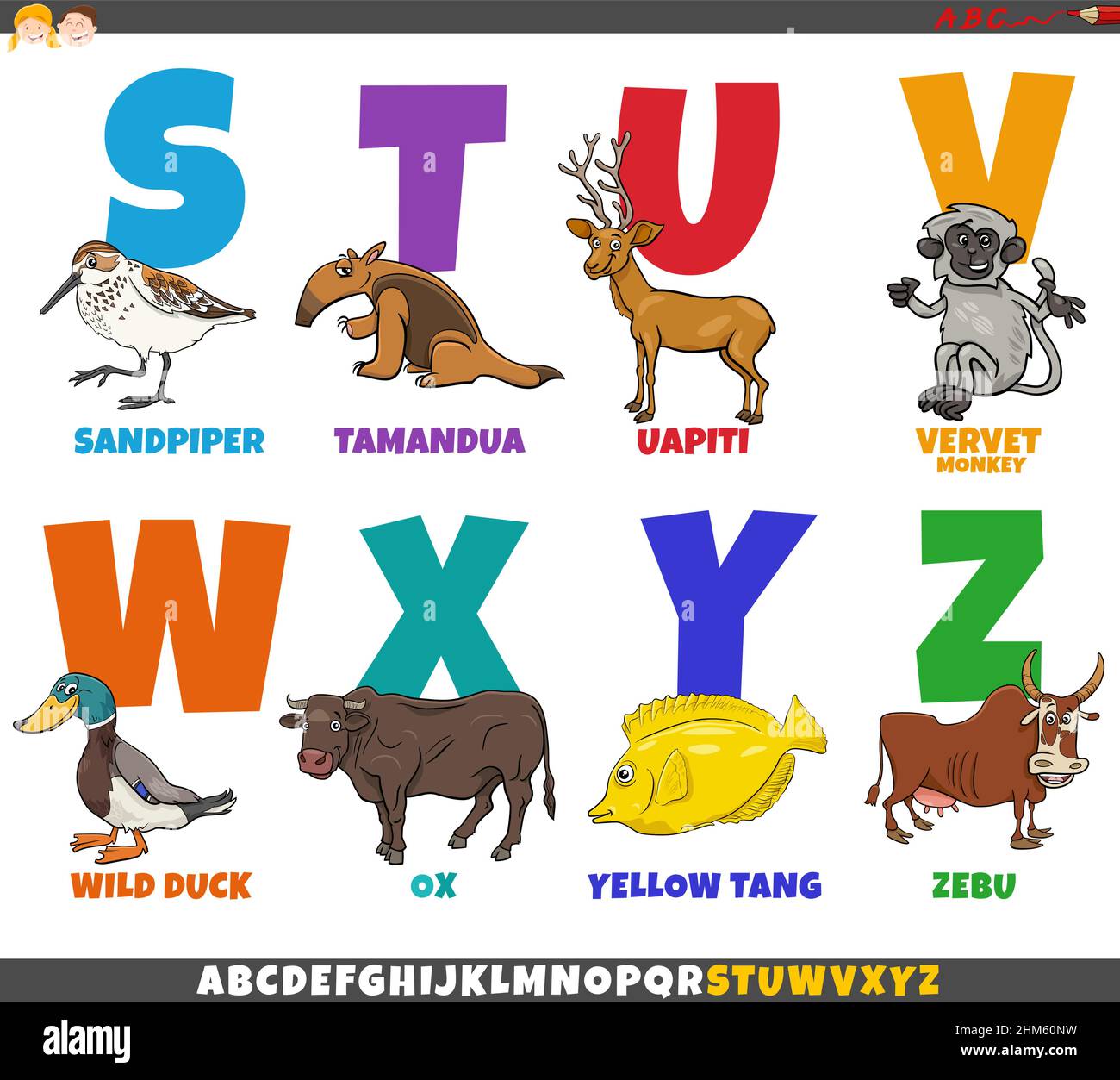 Cartoon illustration of educational colorful alphabet set from letter S to Z with funny animal characters Stock Vector