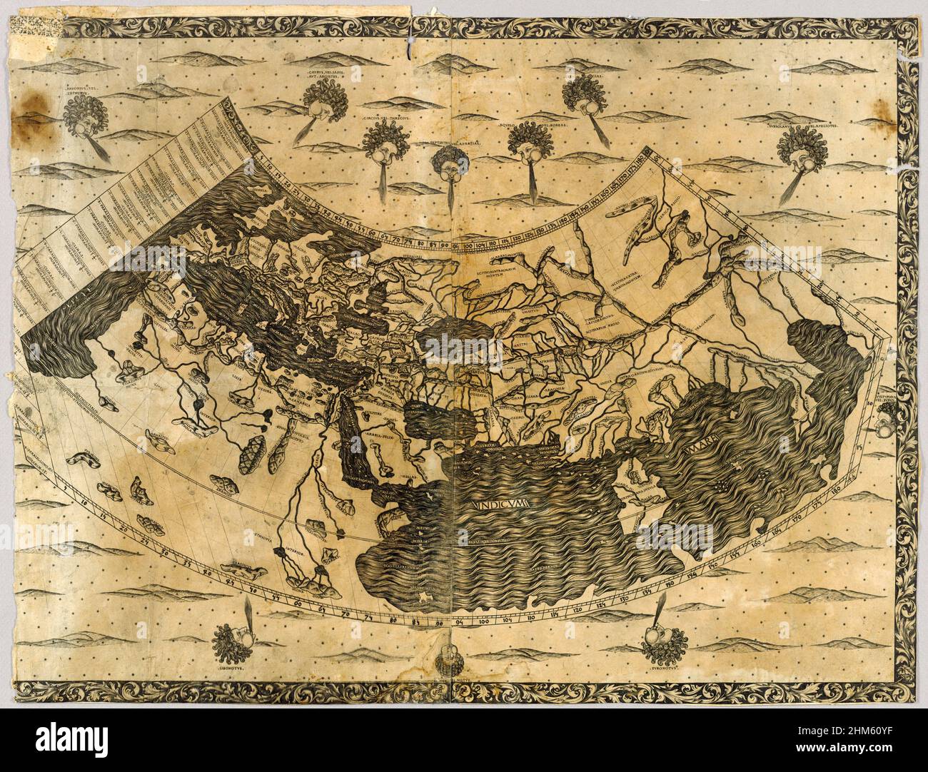 A world map separately published by Taddeo Crivelli, the engraver generally credited with the maps for the 1477 Bologna Ptolemy, and his partner Francesco Puteolano on 22 April 1474. No original copies survive. Four copies survive of a reprinting from the original plate by Petrus de Nobilibus at Rome in the late 16th century, c. 1590. Facsimile republished by Lino Sighinolfi in 1909 and by Youssouf Kamal, prince of Egypt, in 1928. Republished in photostat in 1932. Stock Photo