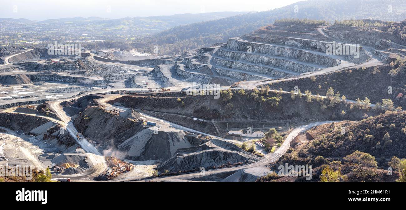 Diabase (dolerite) stone quarry. Industrial landscape in Parekklisia, Cyprus Stock Photo