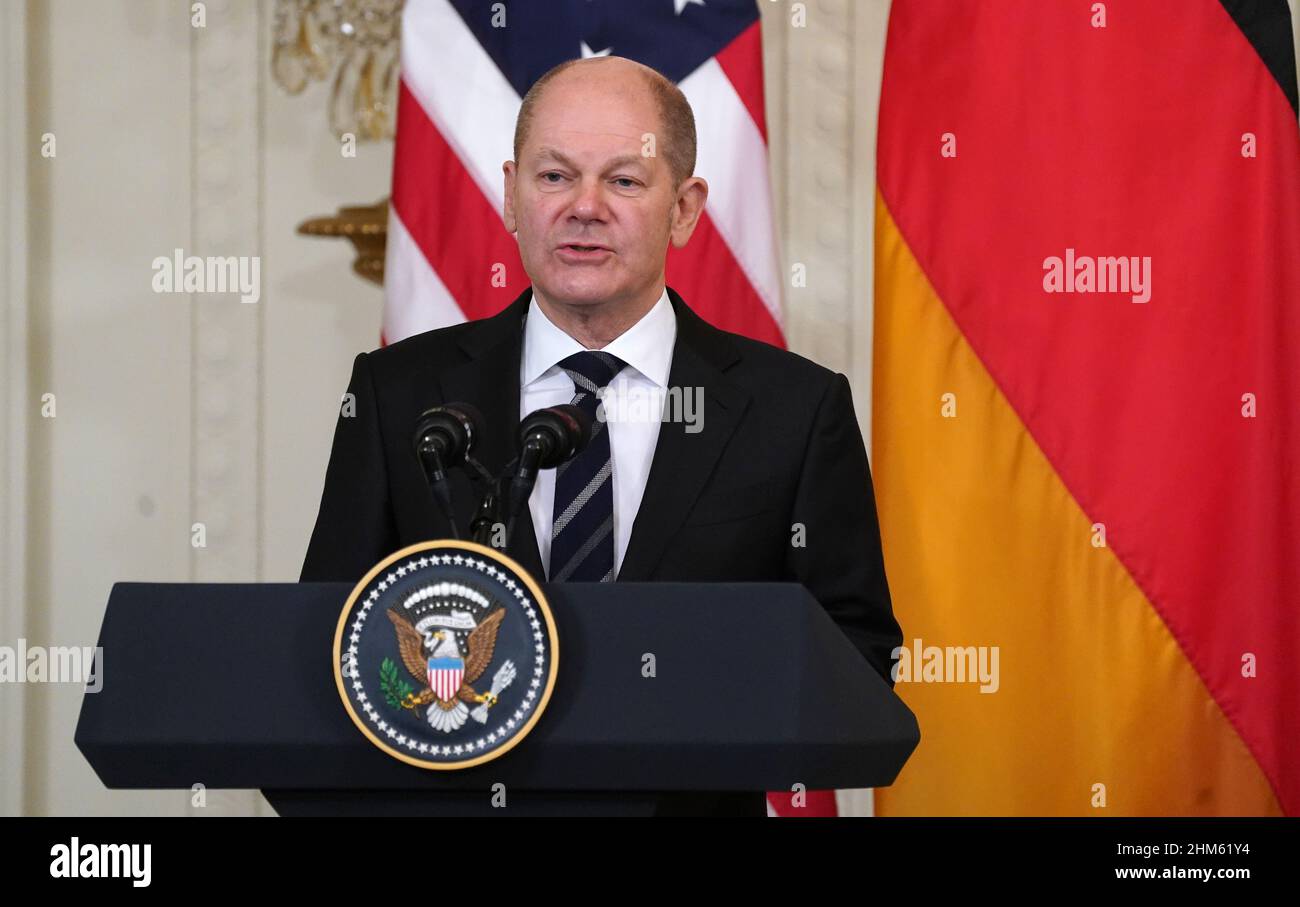 Washington, United States. 07th Feb, 2022. German Chancellor Olaf Scholz participates with President Joe Biden (not shown) in a joint press conference with in the East Room of the White house on Monday, February 7, 2022 in Washington, DC Photo by Leigh Vogel/UPI Credit: UPI/Alamy Live News Stock Photo