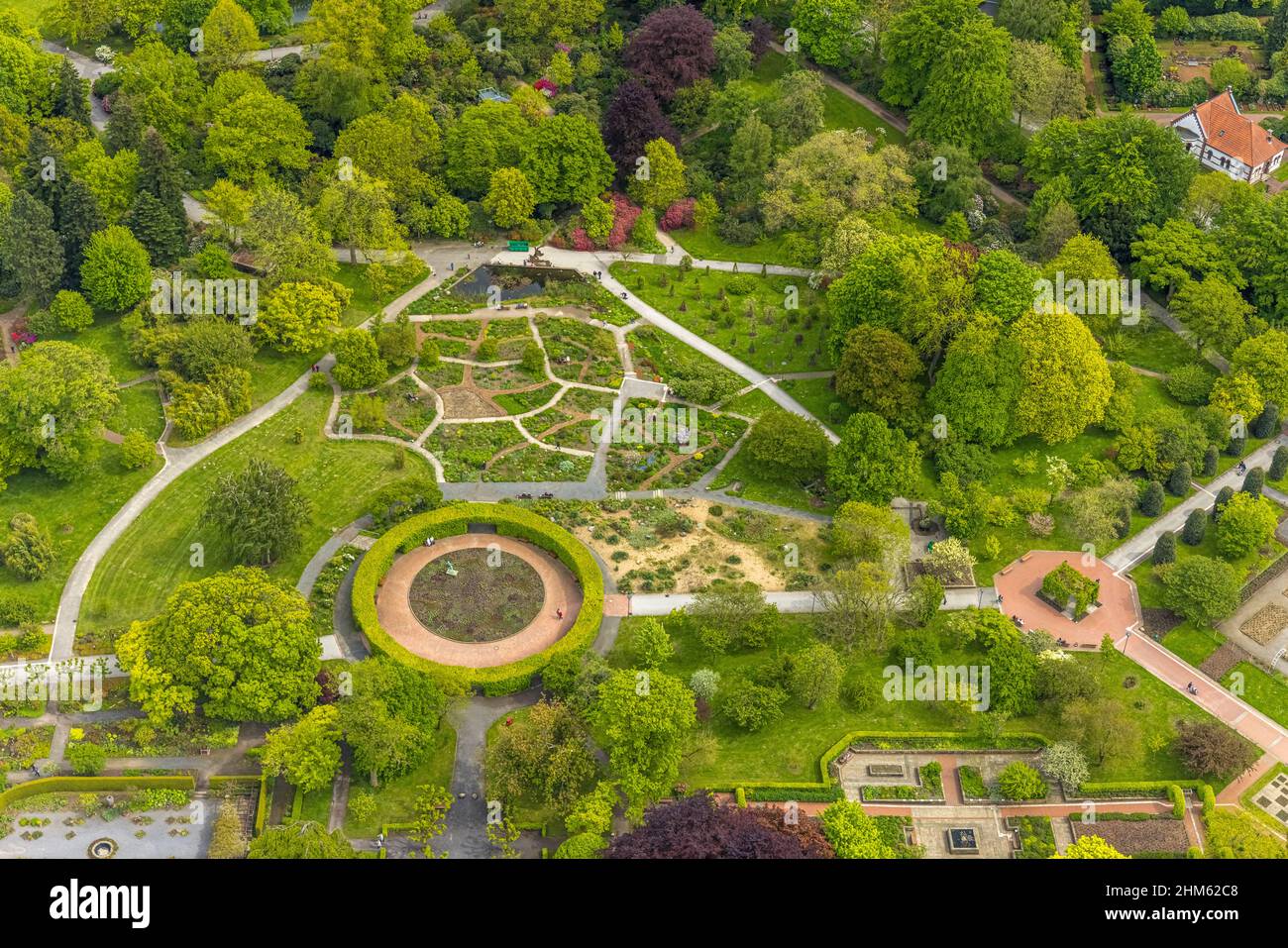 Aerial view, Grugapark, Botanical Garden of the University of Duisburg / Essen, spear-thrower in the district, Essen-Rüttenscheid, Essen, Ruhr Area, N Stock Photo