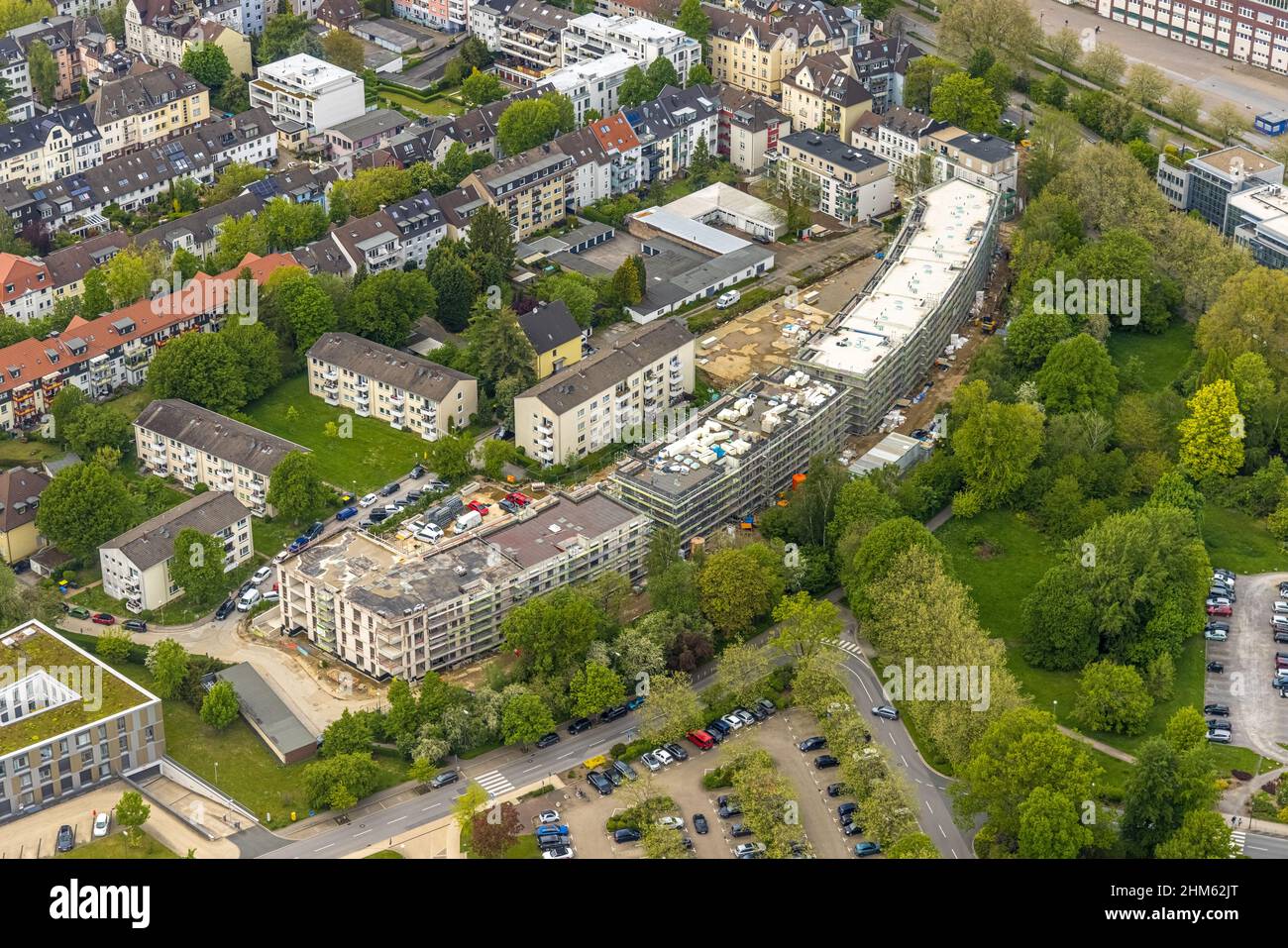Aerial view, RüBogen construction site and new residential buildings in Gummertstraße, Essen-Rüttenscheid, Essen, Ruhrgebiet, North Rhine-Westphalia, Stock Photo